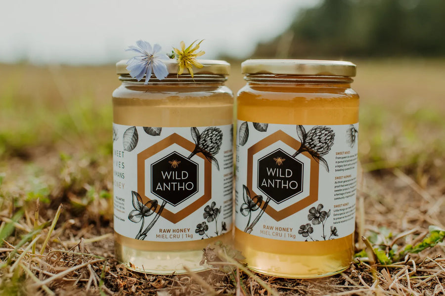 Two 1 kg jars of Wild Antho raw honey standing in a field with wildflowers